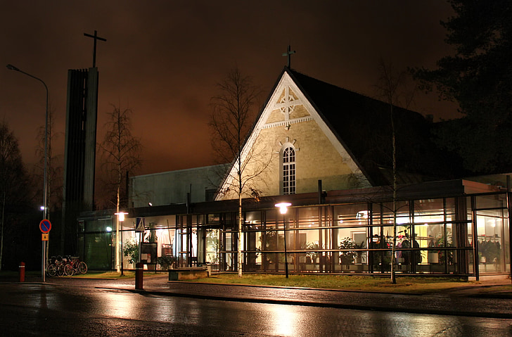 Oulu, Finlândia, Igreja, edifício, arquitetura, à noite, noite
