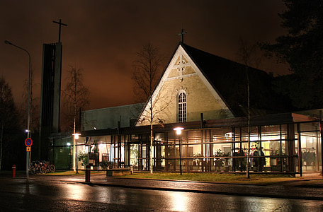 Oulu, Finsko, kostel, budova, Architektura, noční, večer