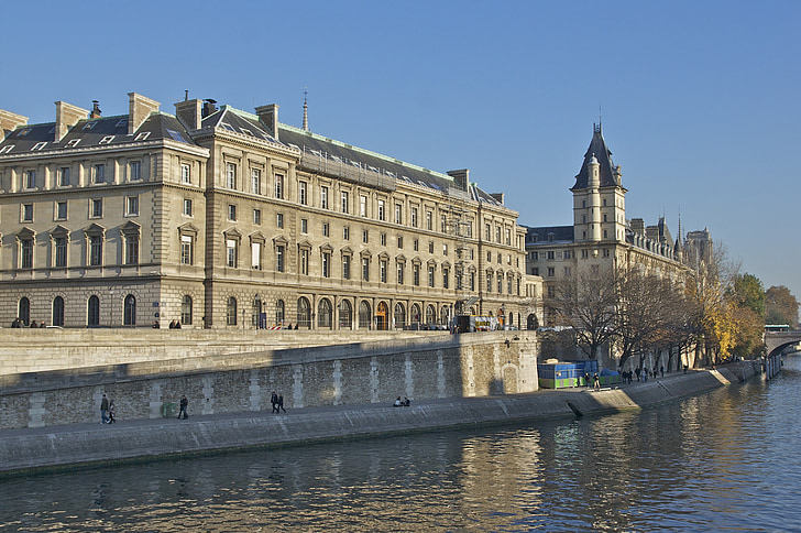 Quai des orfèvres, Париж, Дворец правосудия, Сена, Река, здание, фасад