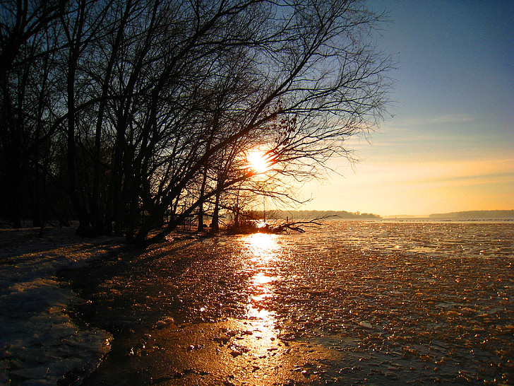 inverno, lago ghiacciato, ghiaccio, tramonto invernale, copertura del ghiaccio, magia d'inverno, eingegfroren Havel