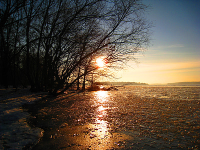 zimowe, zamarznięte jezioro, lód, zachód słońca zima, pokrywa lodowa, uroki zimy, Havel eingegfroren