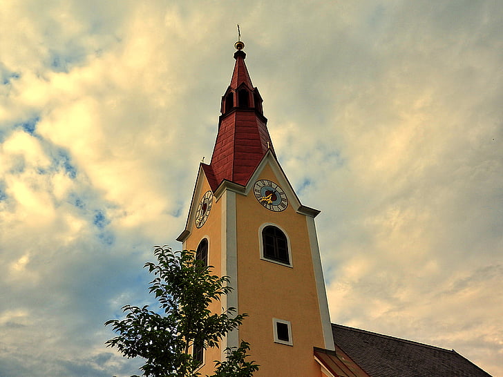 Igreja, campanário, Católica, Torre do relógio