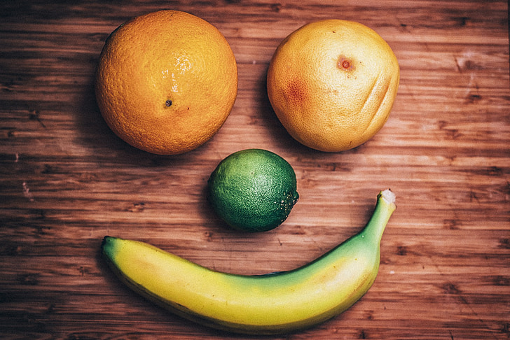 fruta, cara sonriente, alimentos, plátano, naranjas, aguacate, dieta