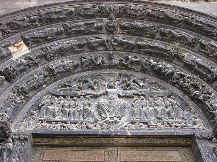 Basiliek van st denis, Timpaan, voussoirs, Gothic, Parijs, middeleeuwse, Abdij