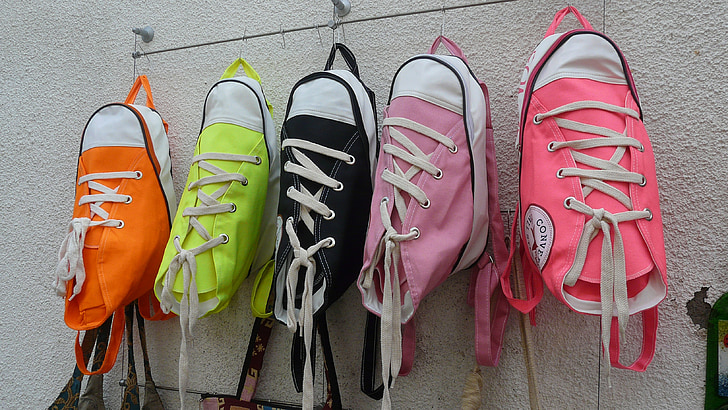 backpack, shoe, suspended, costs incurred by, street vending, colorful, pair