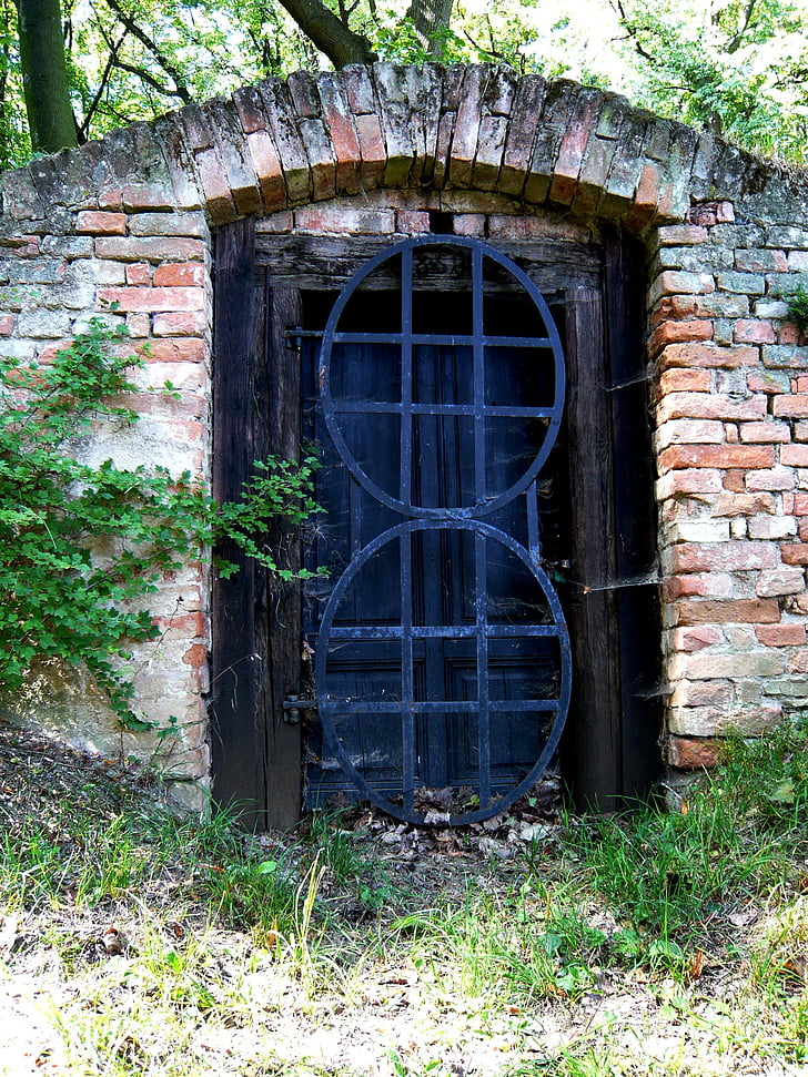 pintu, grid, besi, batu bata, tidak terpakai