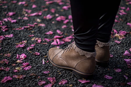 boots, feet, footwear, ground, petals, shoes, shoe
