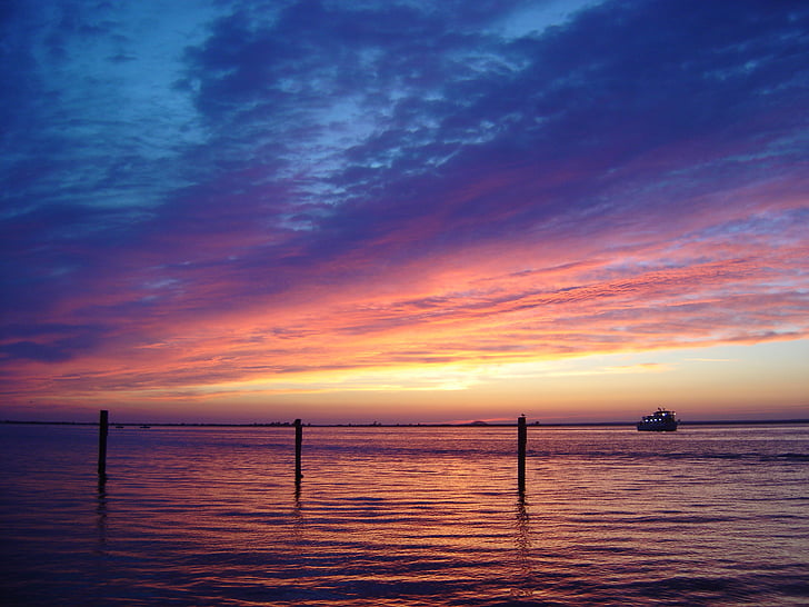 puesta de sol, cielo, nubes, colorido, rosa, azul, mar