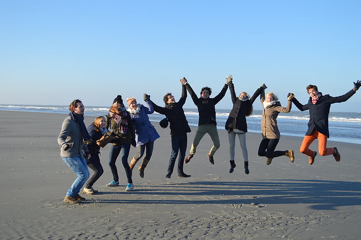 กระโดด, กลุ่ม, ชายหาด, เพื่อน, มิตรภาพ, สุขสันต์, ความสุข
