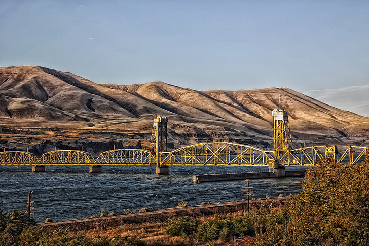 Columbia river, Washington állam, hegyek, vasúti híd, HDR, építészet, fák
