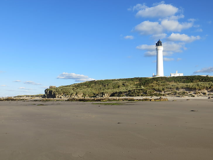 lighthouse, beach, scenic, coastline, sky, shore, clouds