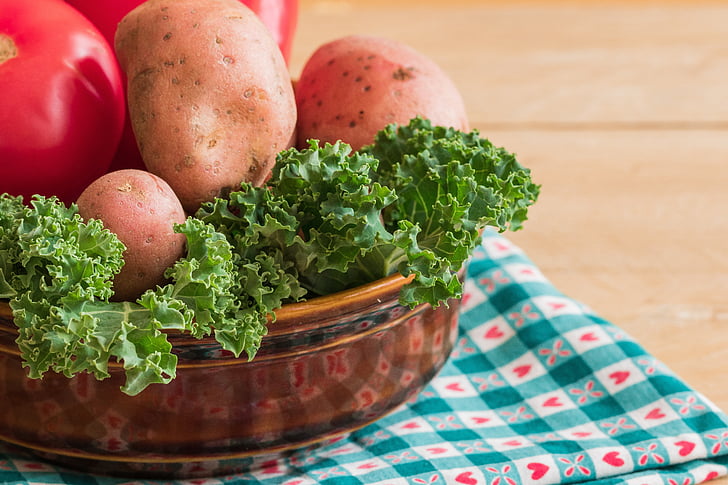 Kale, poteter, fargerike grønnsaker, tomat, spise, sunn, frisk