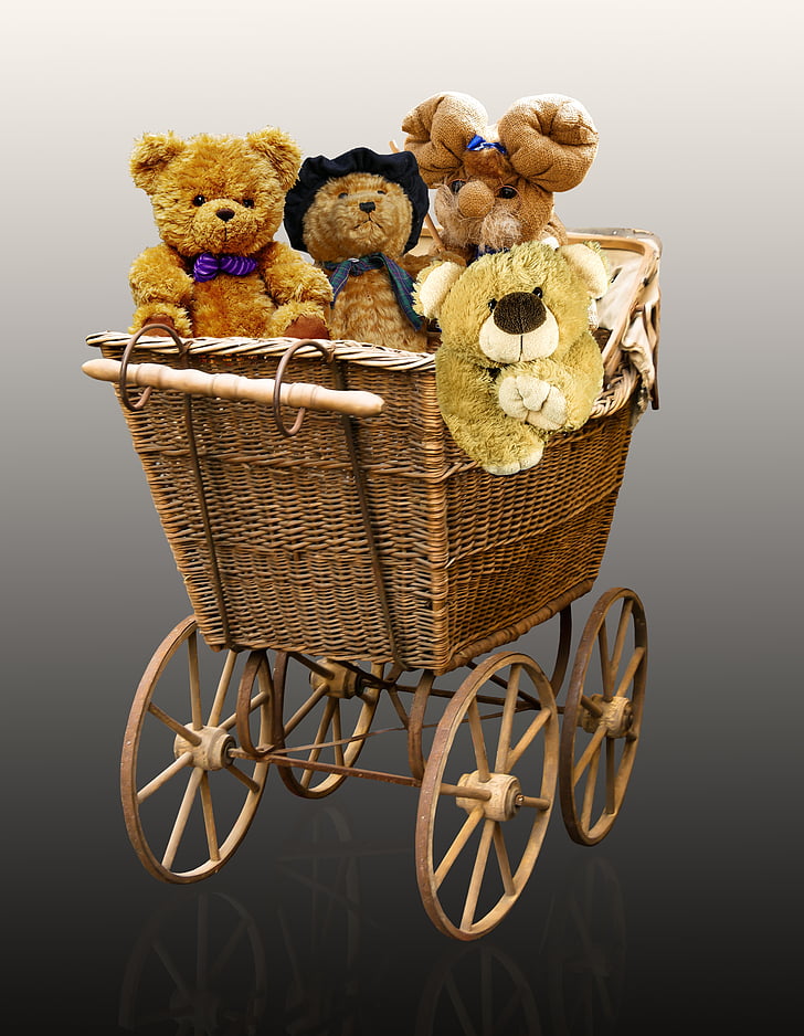 baby carriage, old, nostalgia, teddy, teddy bears, soft toy, stuffed animals