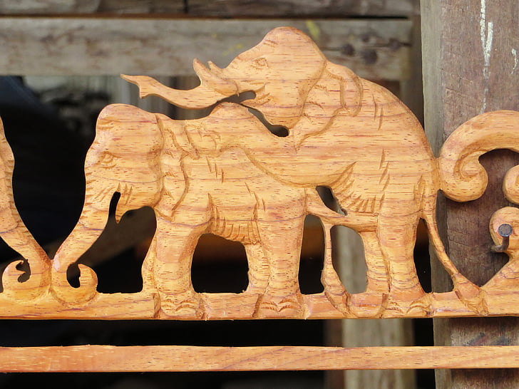 Laos, escultura, elefante, rascally, friso, arte, gravação em madeira