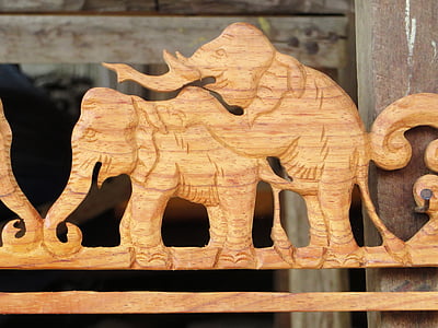 Laos, skulptur, elefant, lymmelaktiga, fris, konst, träsnideri