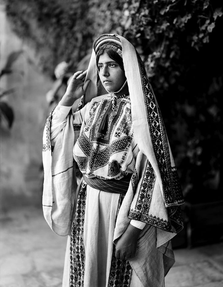 femeie, costum, în mod tradiţional, articol de îmbrăcăminte, Ramallah, rochie, 1900