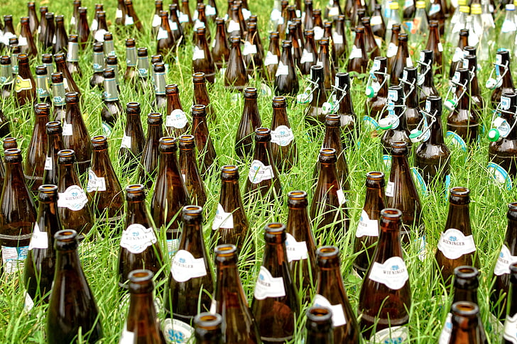 bouteilles de bière, bouteilles, bière, boisson, brun, goulot d’étranglement, bouteille en verre