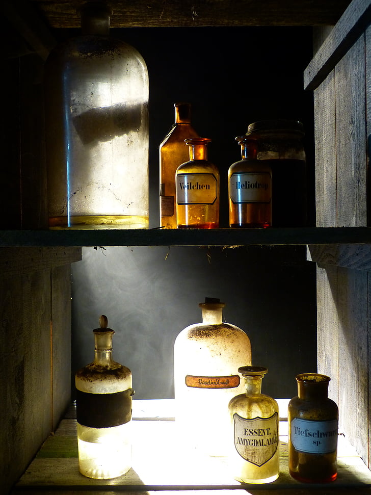 vidro, garrafa, velho, frasco de farmácia, transparente, decoração, marrom