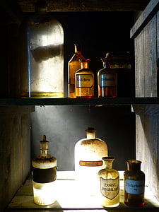 vidrio, botella, antiguo, botella de farmacia, transparente, decoración, marrón