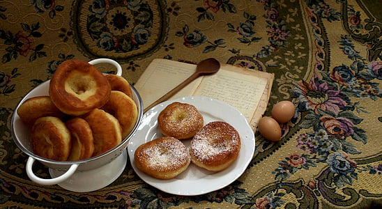 donut, chair, wooden spoon, food, breakfast, pastry, bakery