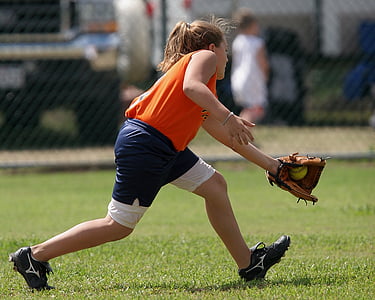 softball, player, catch, fielder, female, game, outfield