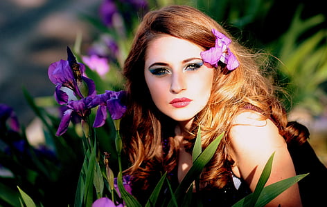 mergaitė, Šviesūs, mėlynos akys, gėlės, MOV, grožio, Moterys