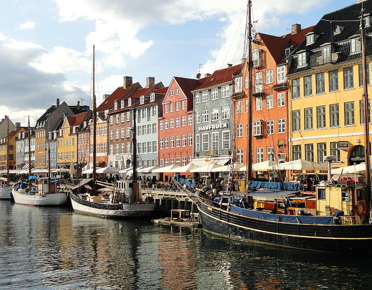 Copenhaga, Dinamarca, canal, água, Barcos, edifícios, pessoas