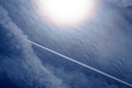aeroplane, aircraft, airplane, clouds, contrail, flying, sky