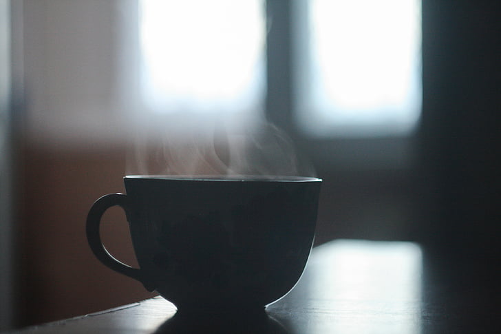 cup, hot, steam, table, drink, mug, cafe