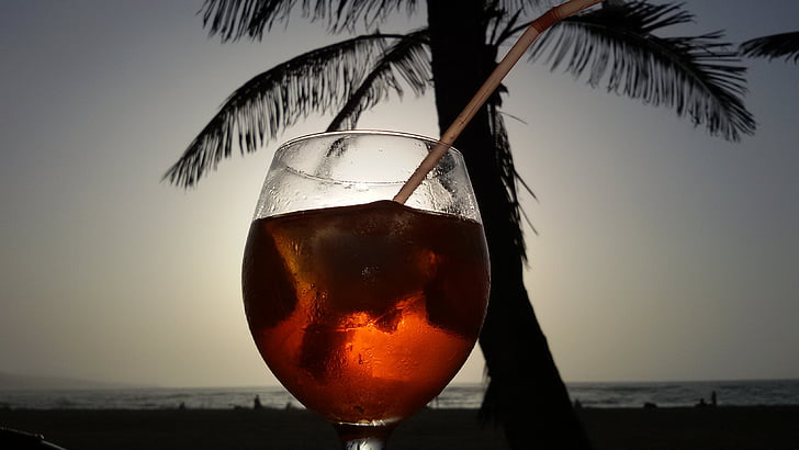 Spritz, apus de soare, palmier, băutură, plajă, Insulele Canare, mare