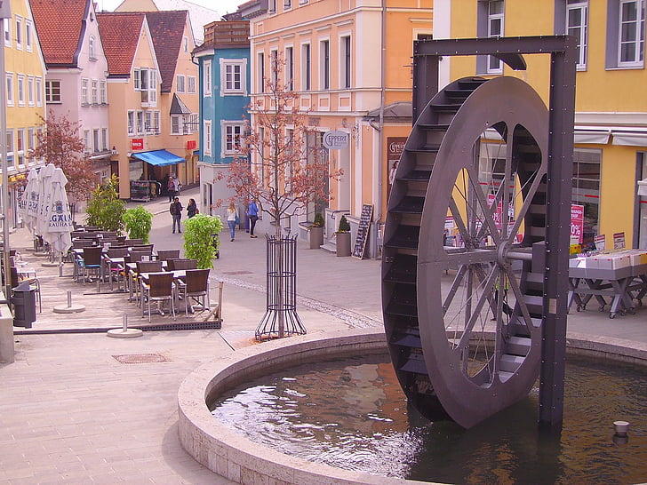 kempten, mill wheel, waterwheel, fountain, sculpture, pedestrian zone, water feature