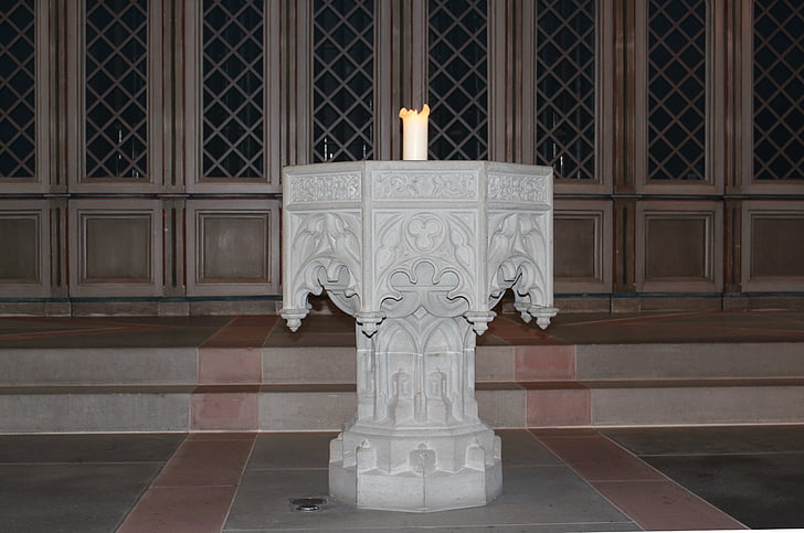 baptismal font, stonemason, art, steinmetz, natural stone, candle, christian