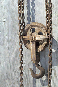 chain hoist, chain, pulley, hook, wood, rust, antique