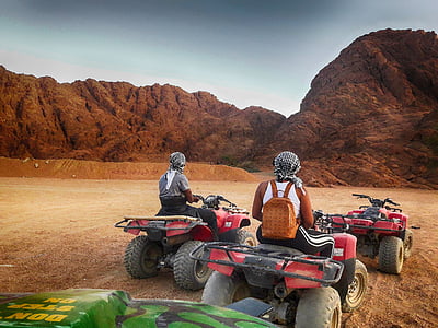 Desert, ATV, prechádzka, západ slnka červené bike, Egypt, piesok, Exkurzia