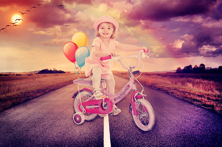 bébé fille, vélos de route, route, à l’extérieur, vélo, amusement, été
