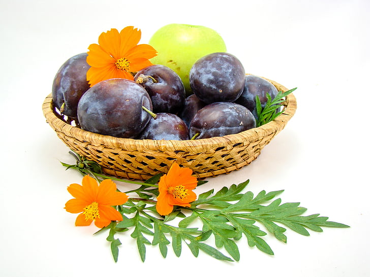 fruit, mand, bloemen, pruim, Apple, witte achtergrond, zomer