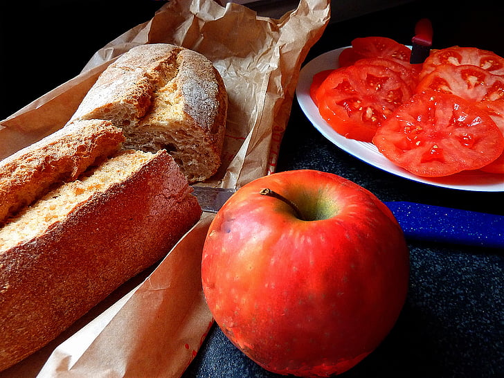 tomar una comida, comer con fruición, Apple, pan, absorber, comer, comer y disfrutar