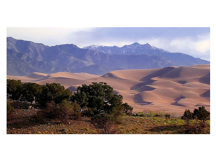 Colorado, Parque Nacional grandes dunas, dunas de arena, montañas, punto de referencia, paisaje, Scenic