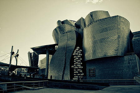 Bilbao, Blanco y negro, Guggenheim, museet, staden, arkitektur, skyskrapa