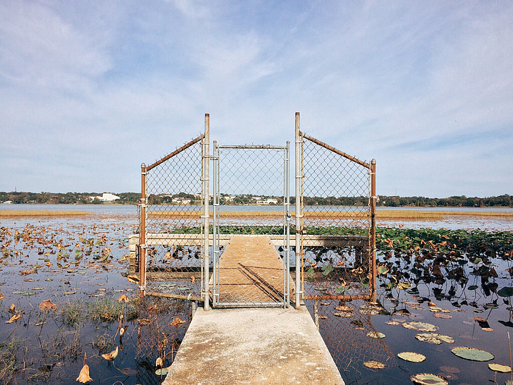 lake, dock, fence, water, pier
