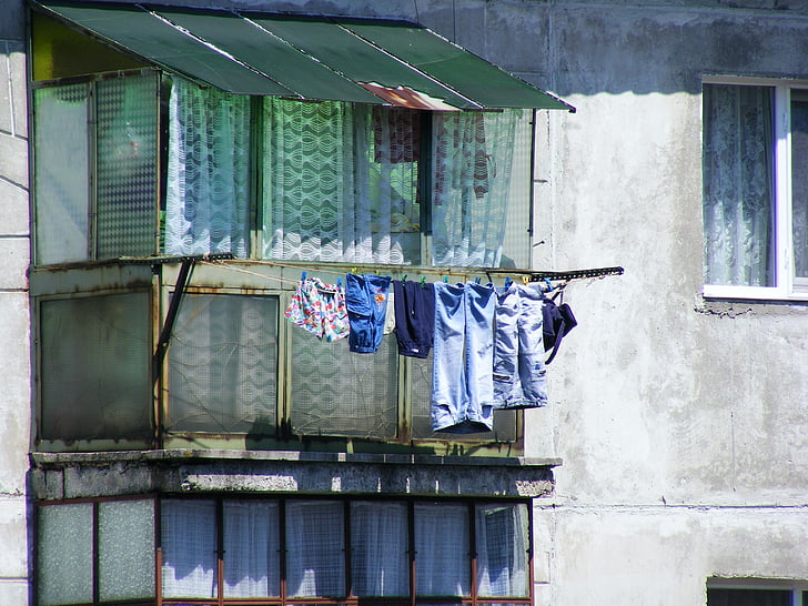 šňůra na prádlo, sušení, předsazení, Prádelna, mimo, chudoba, Rumunsko