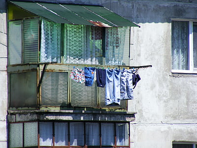 tendedero, de secado, colgante, servicio de lavandería, fuera de, pobreza, Rumania