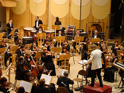 orchestra simfonica, concert, Sala filarmonicii, muzica, dirijor, vioara, violoncel