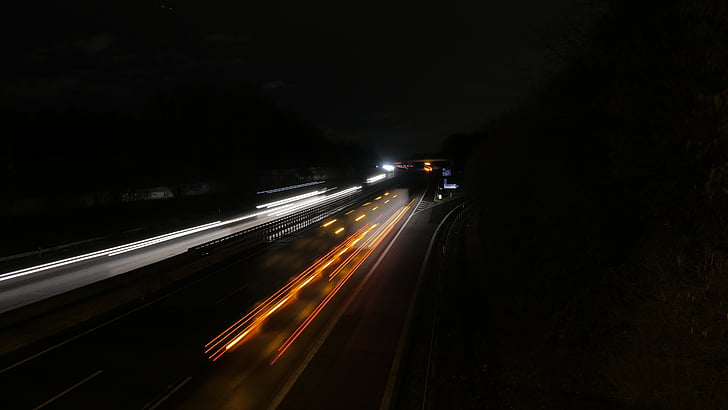 motorväg, natt, ljus, lång exponering, trafik, Spotlight, Tracer