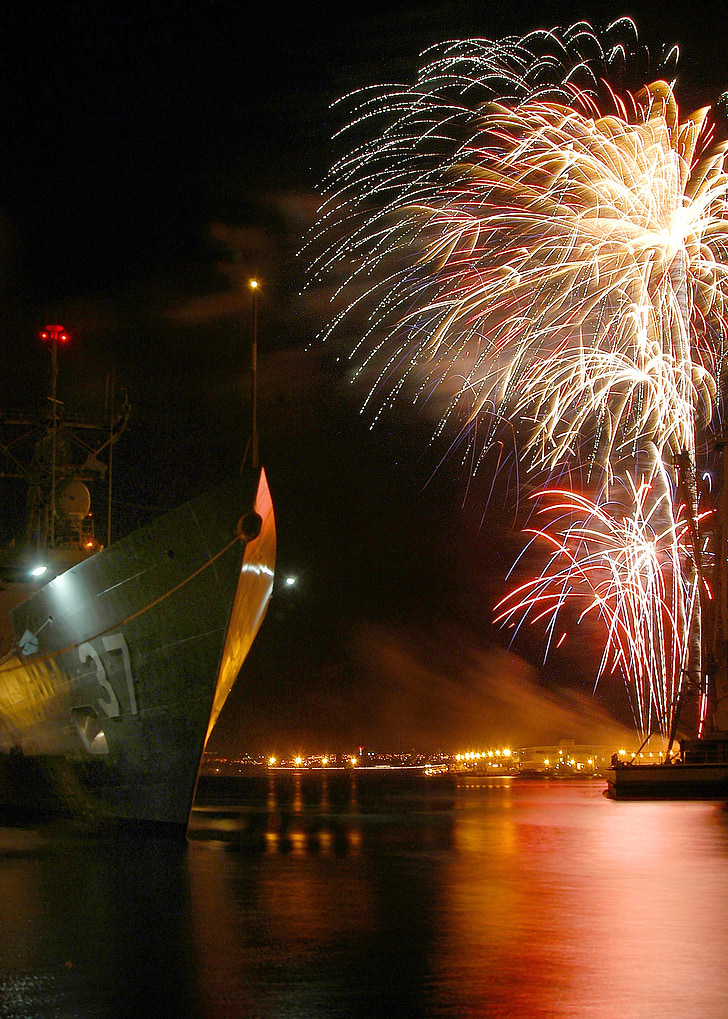 Pearl harbor, Hawaii, navires, feux d’artifice, célébration, festive, rivage