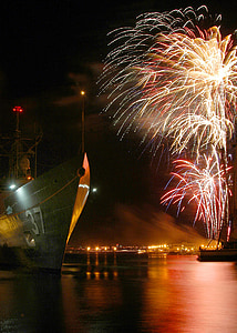 Pearl harbor, Havaí, naves, fogos de artifício, celebração, festivo, litoral