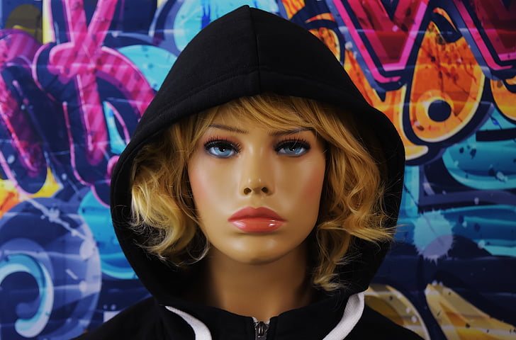 display dummy, dolls head, pretty, street art, graffiti, woman, hood