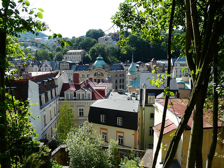 Karlovy vary, Case, Outlook, città, tetti, vista della città, vista