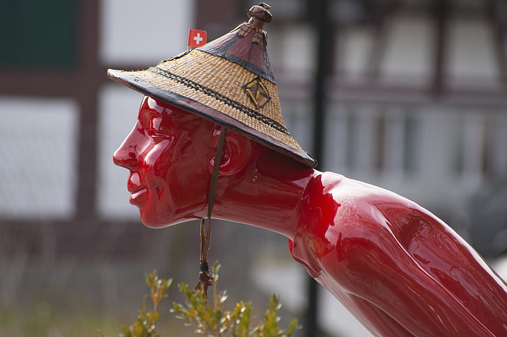 rouge, sculpture, Figure, Chinois, statue de, visage, drôle
