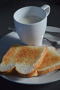 bread, mug, breakfast, white, milk, clean, minimalist